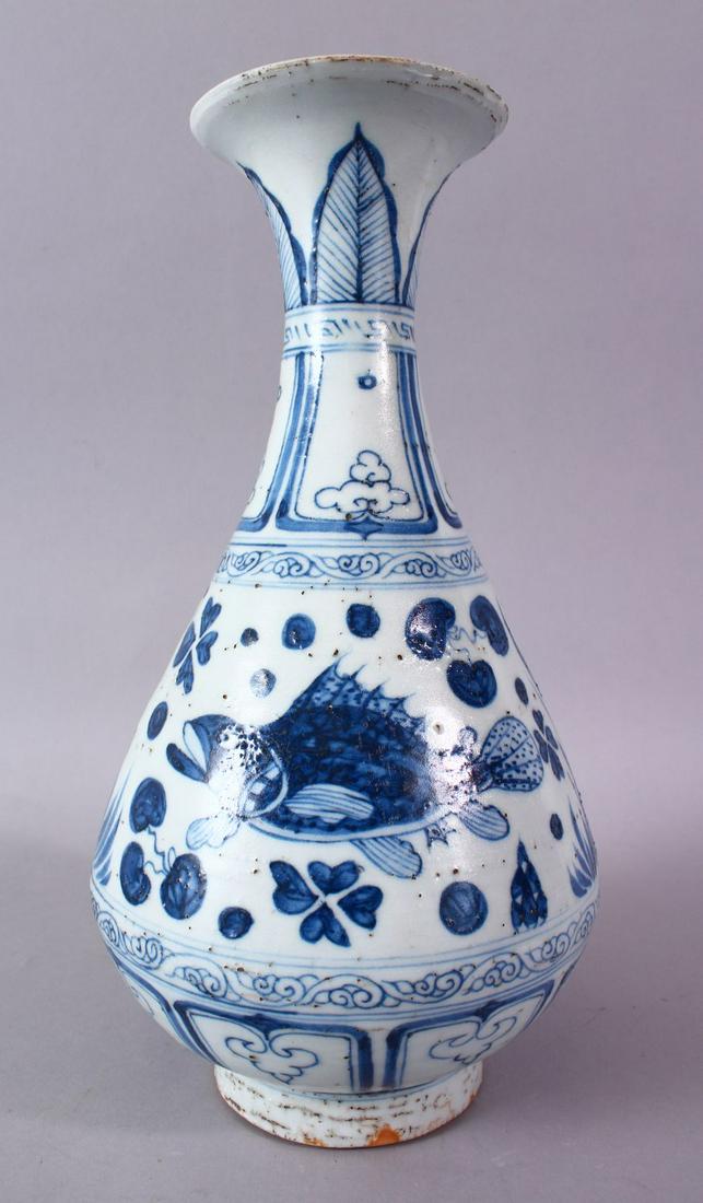 A CHINESE YUAN STYLE BLUE & WHITE PORCELAIN FISH VASE, (1 of 8)