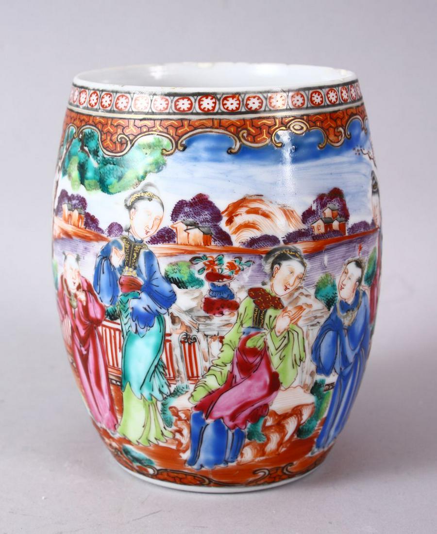 A 19TH/20TH CENTURY CHINESE FAMILLE ROSE BARREL SHAPE: A 19TH/20TH CENTURY CHINESE FAMILLE ROSE BARREL SHAPE TANKARD, depicting figures in a landscape, birds and native foliage (missing handle), 14cm high.