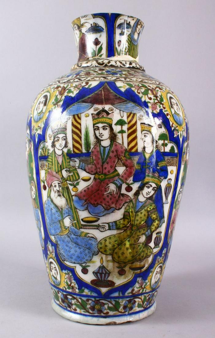 A LARGE QAJAR PAINTED POTTERY VASE, painted with panels (1 of 10)