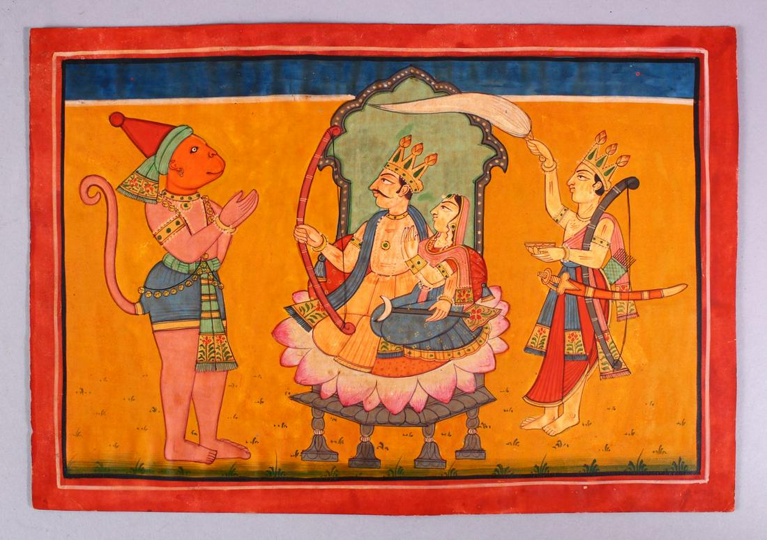 A GOOD INDIAN HANUMAN MINIATURE PAINTING, depicting: A GOOD INDIAN HANUMAN MINIATURE PAINTING, depicting three prince / princess figures aside a monkey formed beast, 30cm x 21cm.