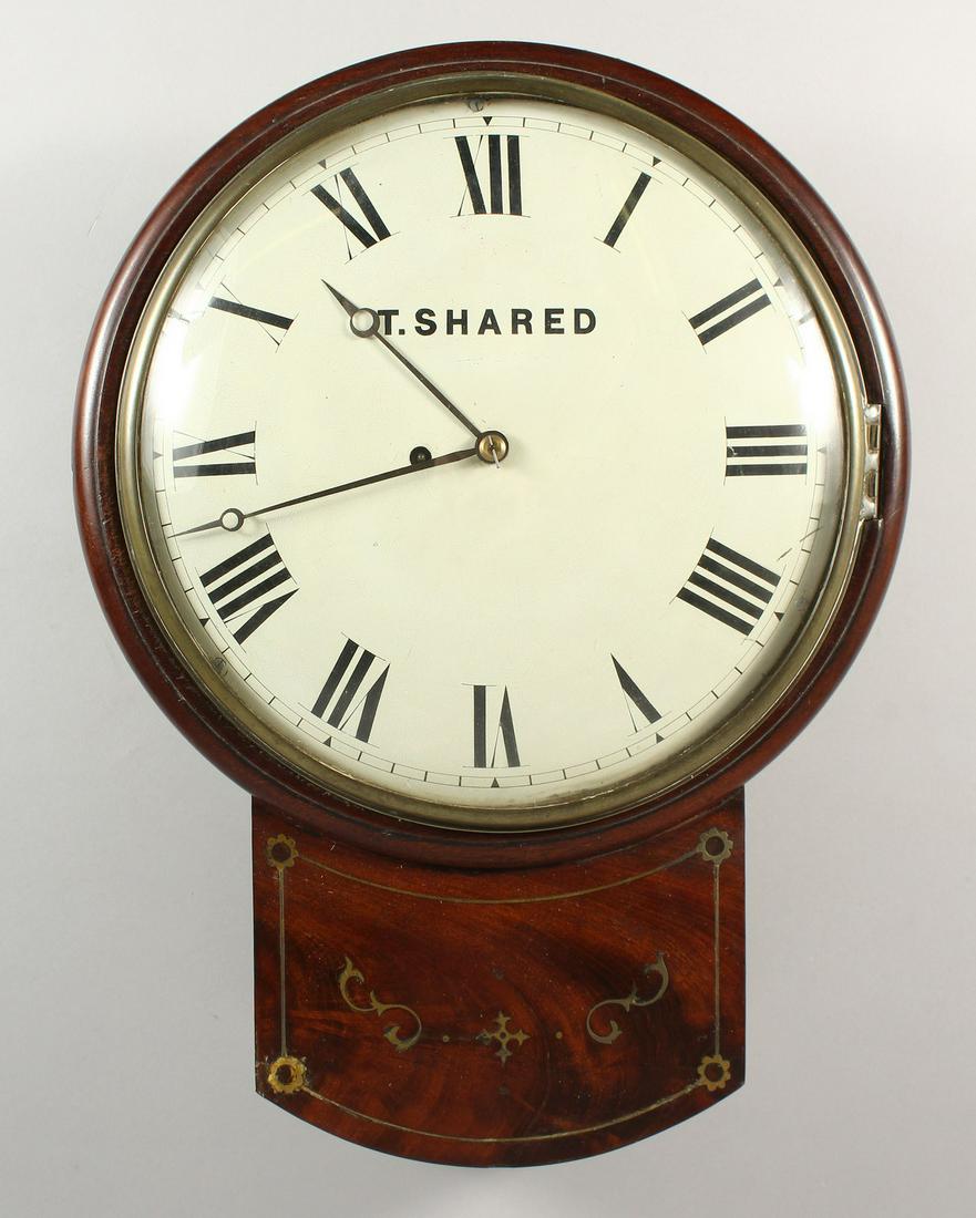 A GOOD EARLY 19TH CENTURY MAHOGANY BRASS INLAID WALL: A GOOD EARLY 19TH CENTURY MAHOGANY BRASS INLAID WALL CLOCK by T. SHARED. 12-inch dial.