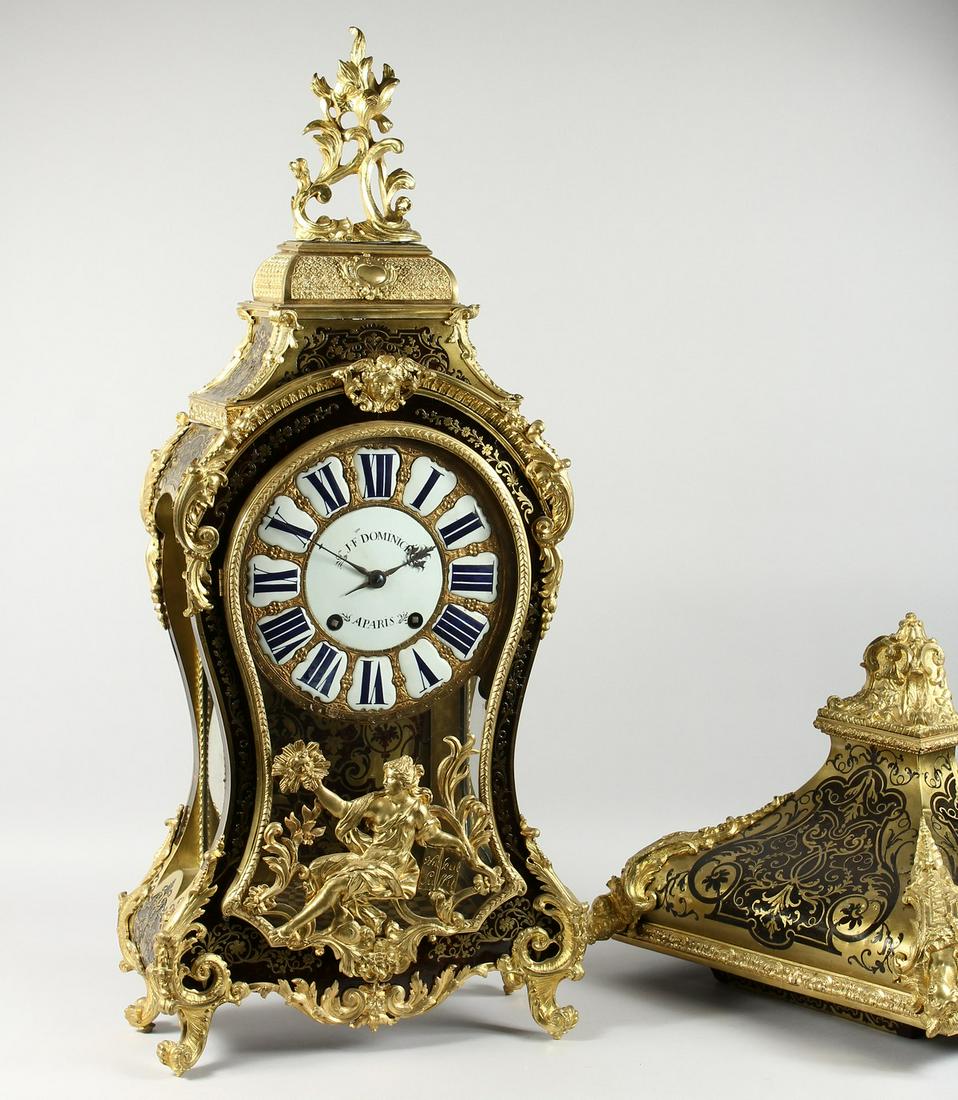 A GOOD LARGE 18TH CENTURY FRENCH BOULLE MANTLE CLOCK,: A GOOD LARGE 18TH CENTURY FRENCH BOULLE MANTLE CLOCK, with an eight-day movement striking on a bell, the movement and enamelled dial signed J. F. DOMINICE A PARIS, complete with matching wall bracket.