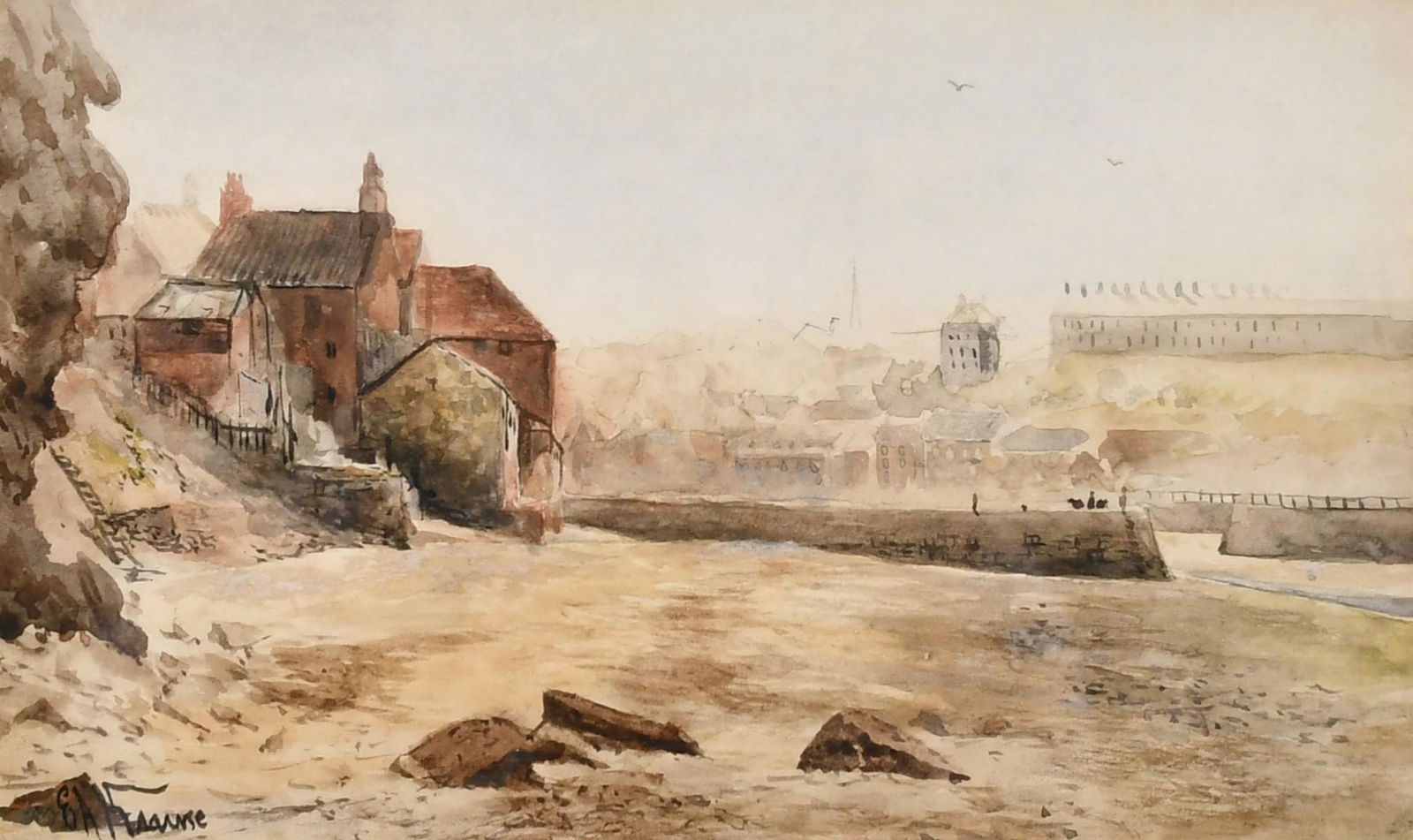 Emile Axel Krause (1871-1945) British, a scene of a: Emile Axel Krause (1871-1945) British, a scene of a harbour entrance, with a town beyond, watercolour, signed 5.25" x 8.5".