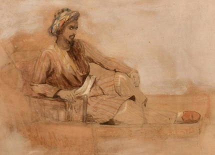 John Absolon, R.I., N.W.S. (1815-1895) British, An: John Absolon, R.I., N.W.S. (1815-1895) British, An Eastern man reclining, watercolour with pen and ink, highlighted with bodycolour, Signed l.l, 12" x 15.75".