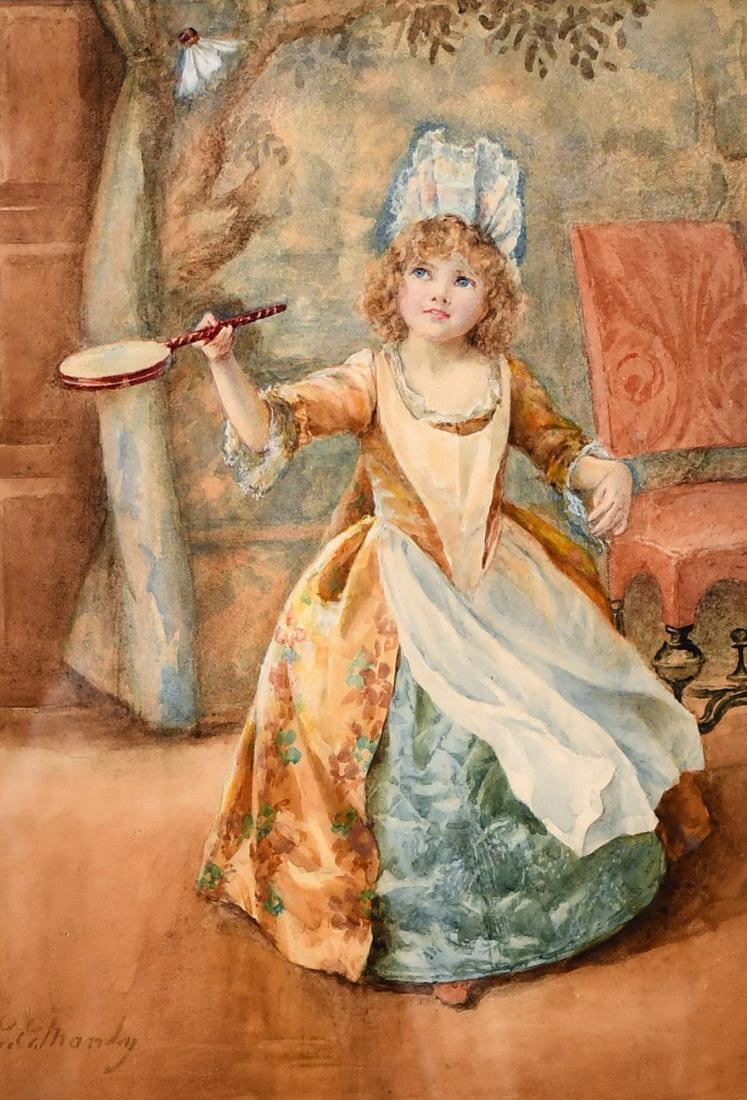 Eleanor E. Manly (late 19th century) British, A young: Eleanor E. Manly (late 19th century) British, A young girl playing with a shuttlecock in a lavish interior, watercolour, signed, 9.75" x 6.75".