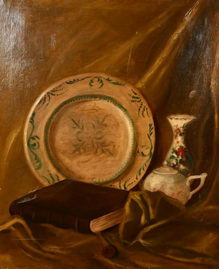 Follower of William Nicholson, a still life with china: Follower of William Nicholson, a still life with china and a book, oil on canvas, 29" x 24", unframed.