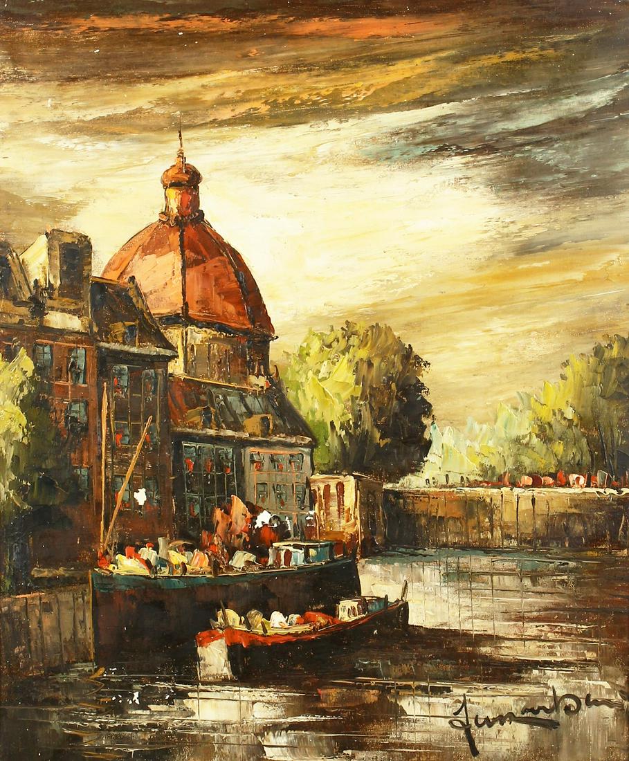 20th century school possibly continental, A View of: 20th century school possibly continental, A View of barges along a canal with buildings and trees in the distance, oil on canvas, indistinctly signed, 24" x 20".