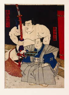 A JAPANESE MEIJI PERIOD WOODBLOCK PRINT - JAPANESE: A JAPANESE MEIJI PERIOD WOODBLOCK PRINT - JAPANESE SUMO WRESTLER'S - signed and sealed, professionally framed, 61.5cm x 44cm