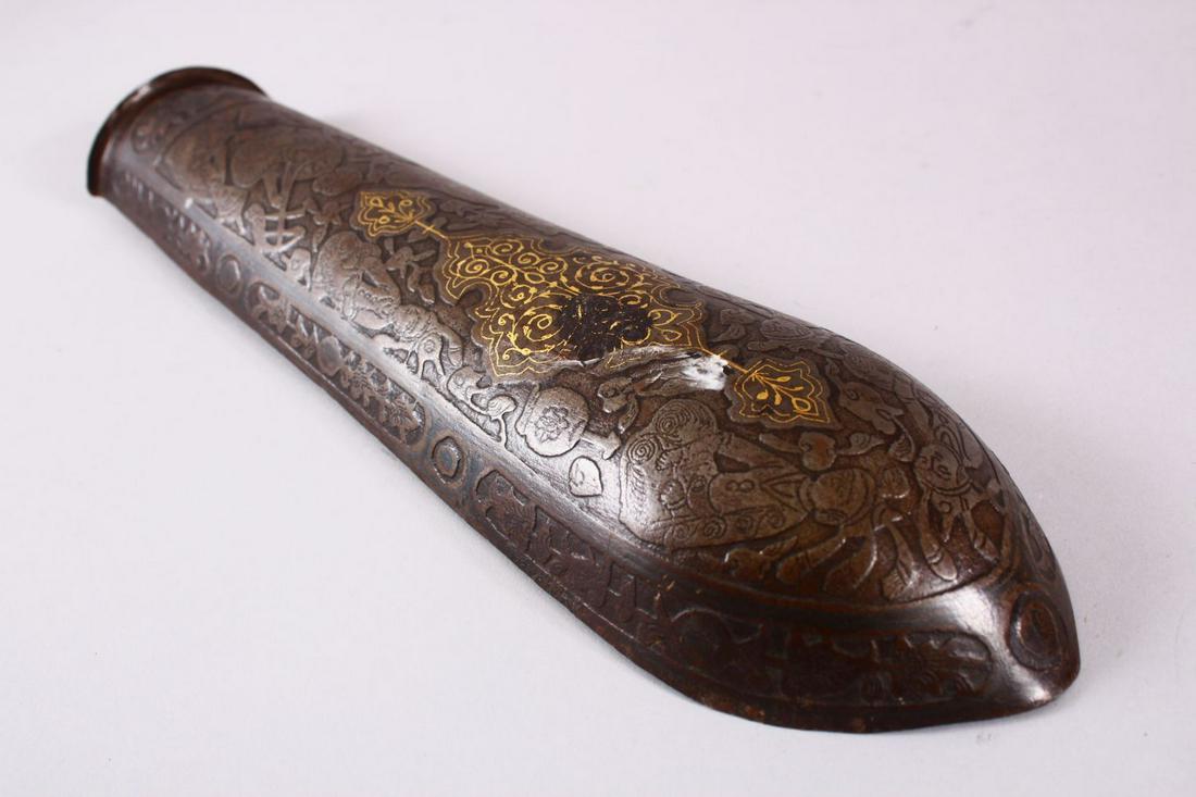 A 19TH CENTURY PERSIAN GILT DECORATED STEEL ARM GUARD, (1 of 4)