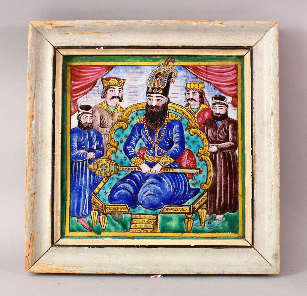 A GOOD PERSIAN QAJAR POTTERY FRAMED TILE, depicting (1 of 2)