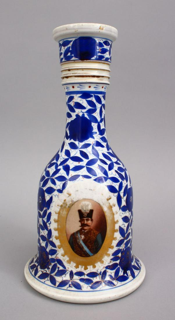 A GOOD QAJAR BLUE & WHITE POTTERY HUQQA BASE WITH (1 of 5)