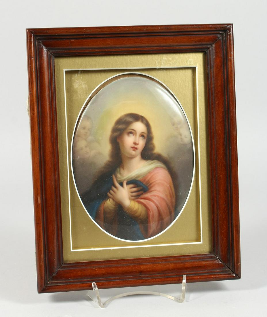 A GOOD K.P.M. OVAL PLAQUE, Madonna behind glass, in a: A GOOD K.P.M. OVAL PLAQUE, Madonna behind glass, in a rectangular frame 6.5 x 4.5 ins, impressed septre mark.