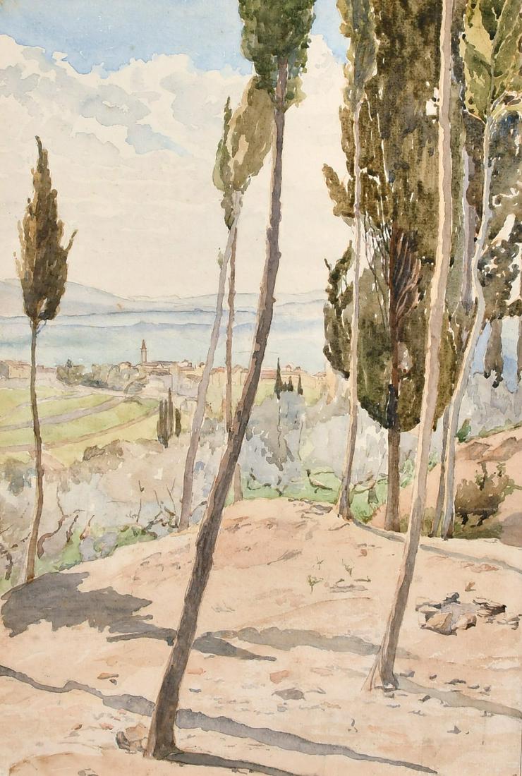 Follower of Edward Lear, A landscape of a Cyprian town: Follower of Edward Lear, A landscape of a Cyprian town on the horizon with trees in the foreground, watercolour, 14" x 9.5".