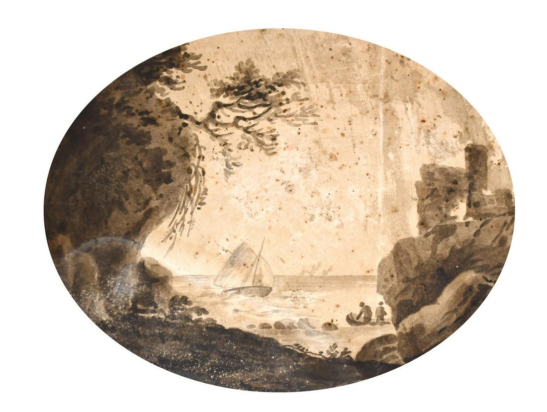 Attributed to William Payne, figure studies with two: Attributed to William Payne, figure studies with two others by different hands, watercolour, signed, from 7.75" x 12" to 4.5" x 7", (oval), (unframed), (3).