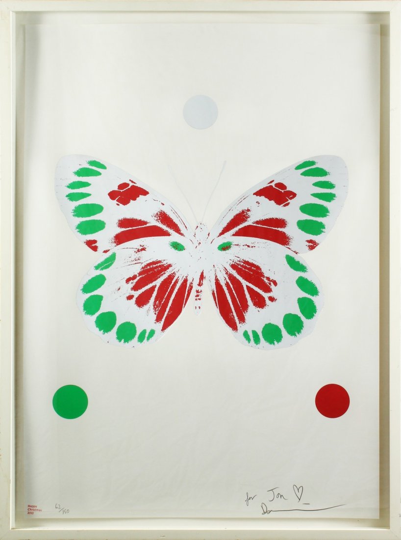Damien Hirst (b.1965) British, Metallic Butterfly,: Damien Hirst (b.1965) British, Metallic Butterfly, framed print, signed in pencil and inscribed 'For Jon', numbered 62/150, image dimensions 28.5" x 20".
