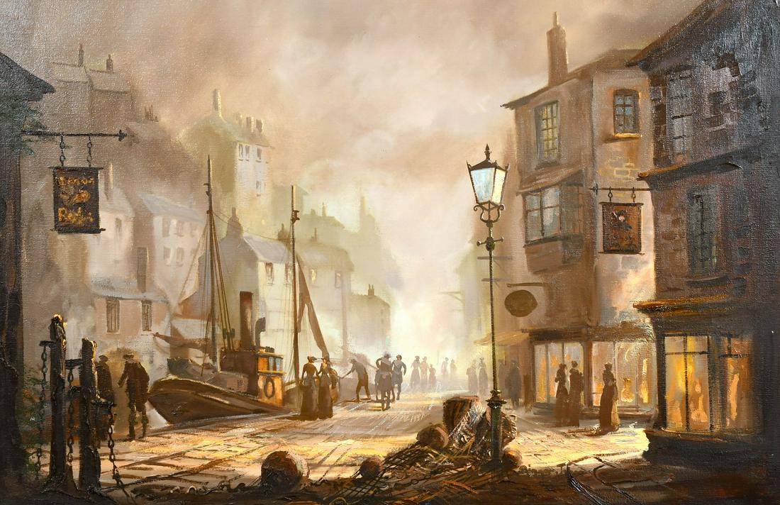 Singer Jones/ Donald Hughes (b.1933) British, A: Singer Jones/ Donald Hughes (b.1933) British, A Victorian town scene at night, oil on canvas, signed, 20" x 30".