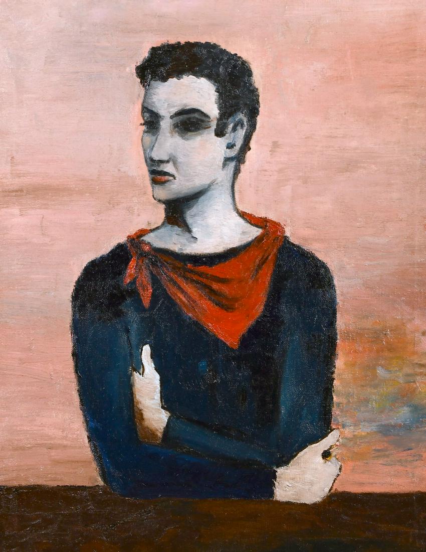 20th century school, A half-length portrait of a young: 20th century school, A half-length portrait of a young man in a red scarf, oil on canvas, 20" x 16".