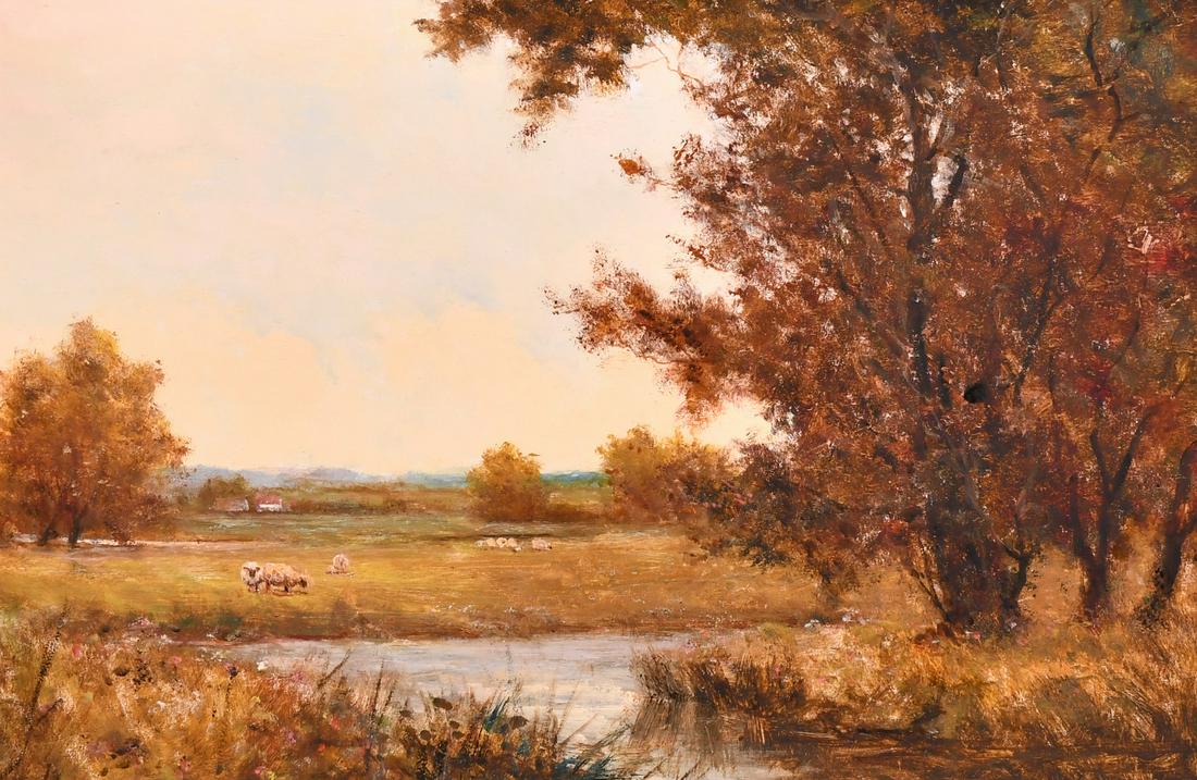 W. Martin, A pair of oil on board scenes of sheep and: W. Martin, A pair of oil on board scenes of sheep and cattle grazing by a river, signed, each 12" x 18".