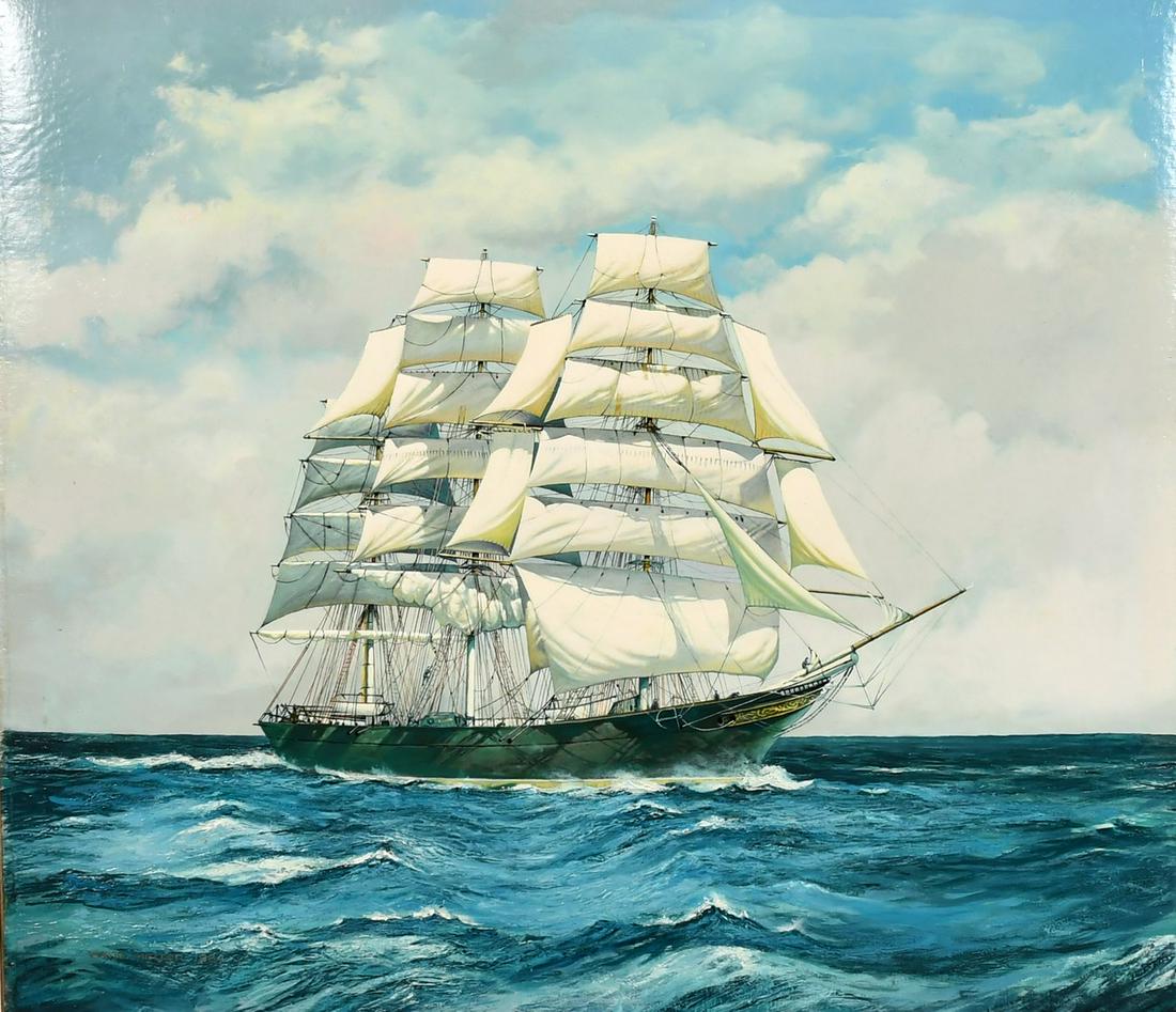 David Mellor (20th century), A scene of the clipper: David Mellor (20th century), A scene of the clipper Thermopylae unfurling sails, oil on canvas, signed and dated '1984', 17" x 20".