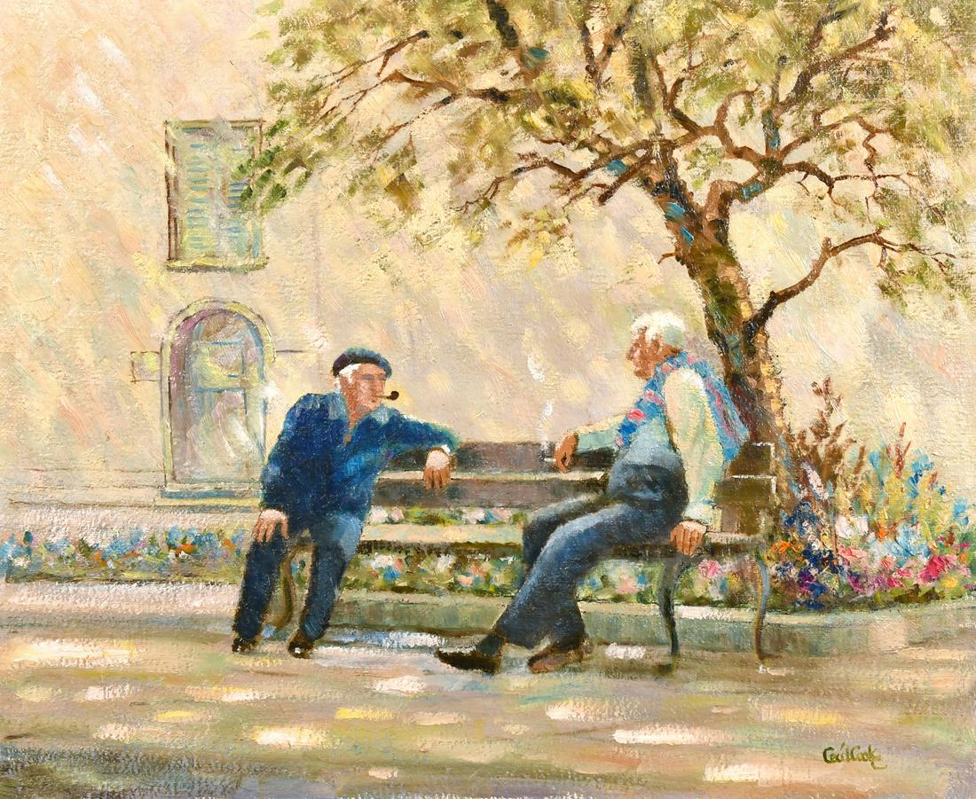 Cecil Cooke (20th century), A Continental impressionist: Cecil Cooke (20th century), A Continental impressionist scene of two men sitting on a bench, oil on canvas, signed, 20" x 24", (unframed).