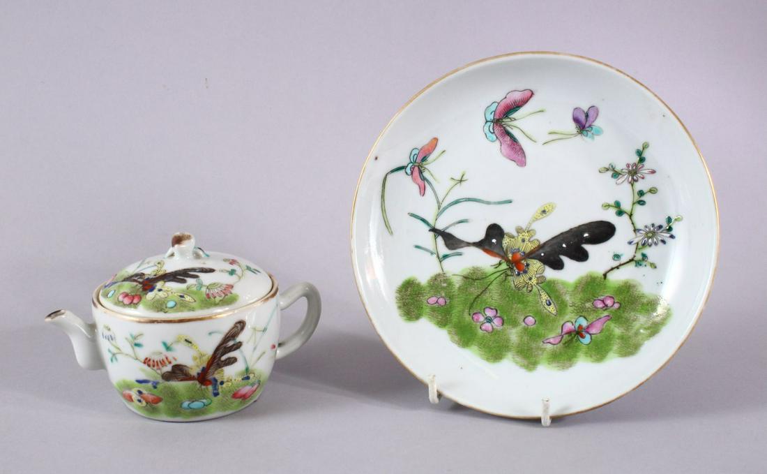 A CHINESE FAMILLE ROSE PORCELAIN TEAPOT, COVER & SAUCER (1 of 8)