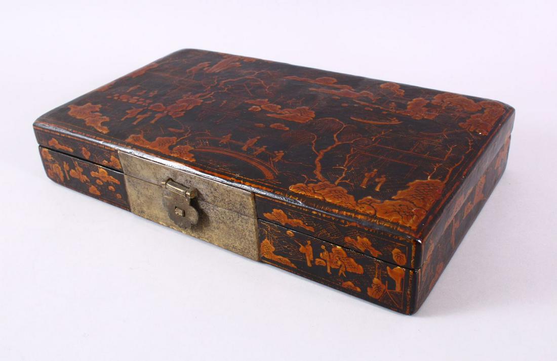 A GOOD CHINESE LACQUER LIDDED BOX - with raised (1 of 5)