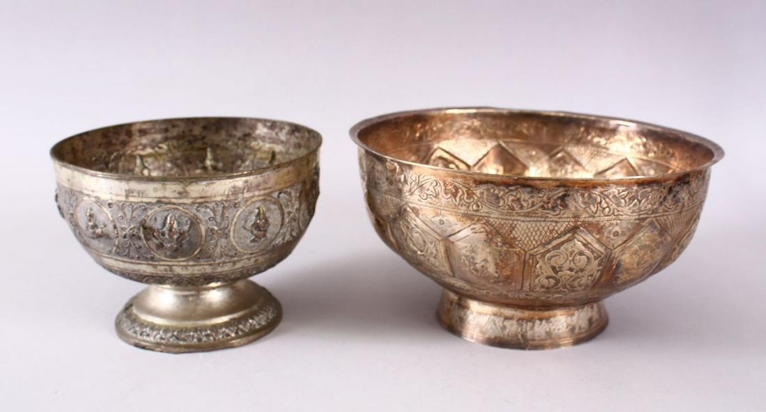 TWO BURMESE WHITE METAL BOWLS, each with relief (1 of 4)