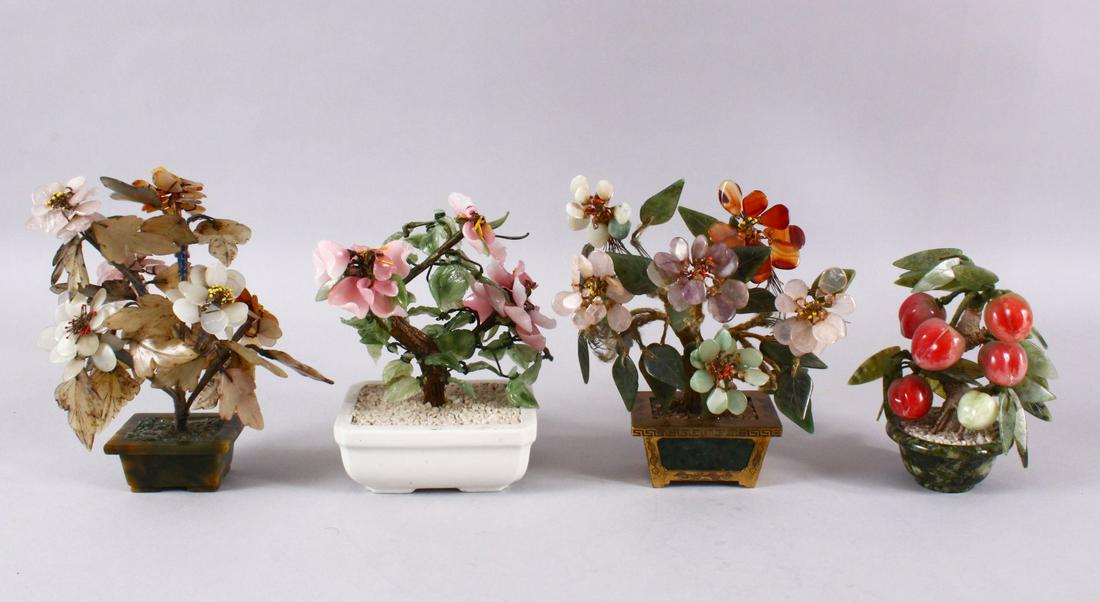 A MIXED LOT OF FOUR CHINESE CARVED JADE BONSAI / TREES, (1 of 6)