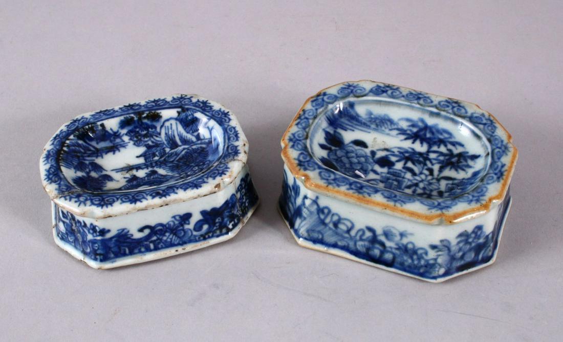 TWO 18TH CENTURY CHINESE BLUE & WHITE SALTS, each with (1 of 3)