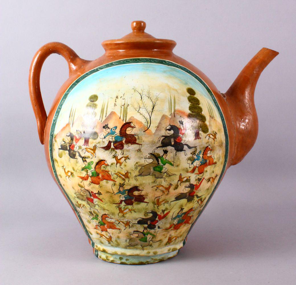 A LARGE PERSIAN PAINTED POTTERY TEAPOT, the front with (1 of 10)