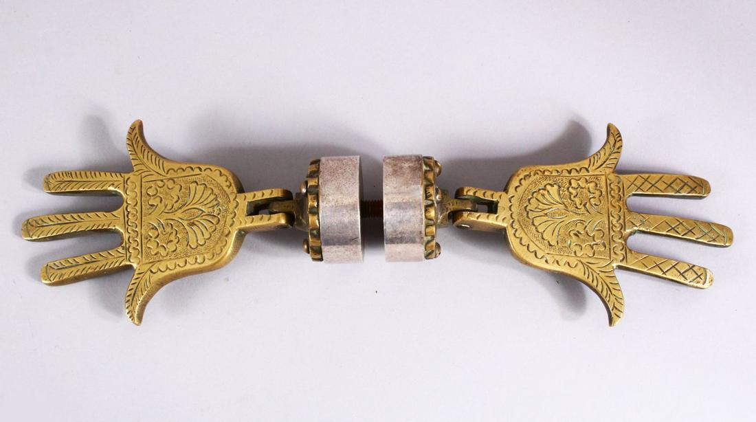 A JEWISH JUDAICA BRONZE HAND FORMED DOOR KNOCKER, with (1 of 3)