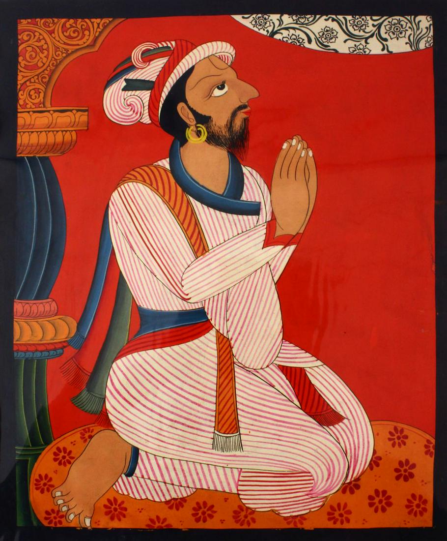 AN INDIAN SIKH SCHOOL MINIATURE PAINTING OF A PRAYING (1 of 2)