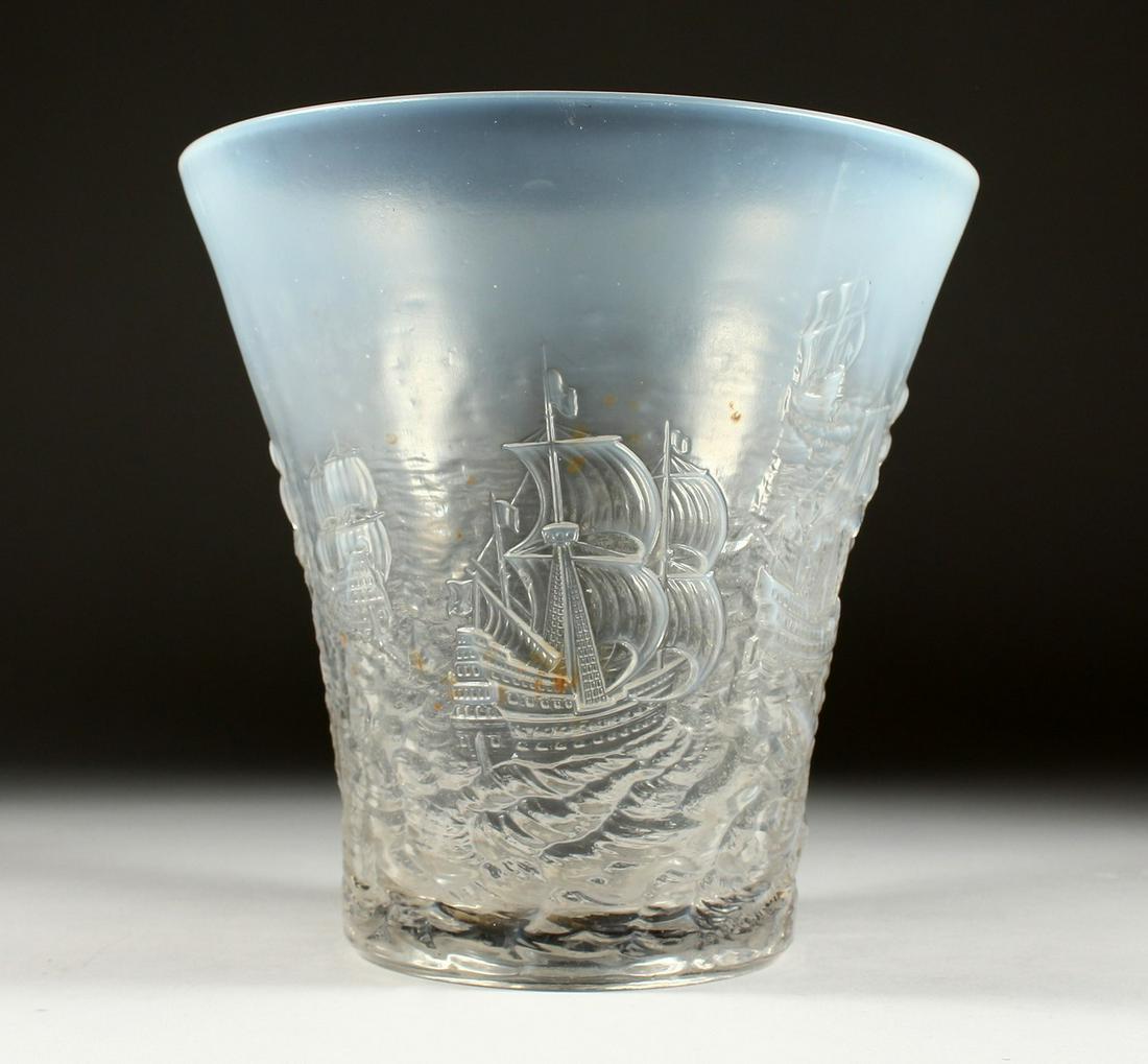 A BAROLAC DECO OPALESCENT RELIEF MOULDED GLASS ARMDON: A BAROLAC DECO OPALESCENT RELIEF MOULDED GLASS ARMDON VASE signature in relief 8ins high.