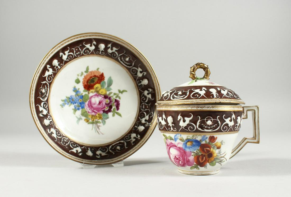 A DRESDEN AUGUSTUS REX CORDIAL CUP AND SAUCER AND LID,: A DRESDEN AUGUSTUS REX CORDIAL CUP AND SAUCER AND LID, painted with flowers Augustus Rex mark.