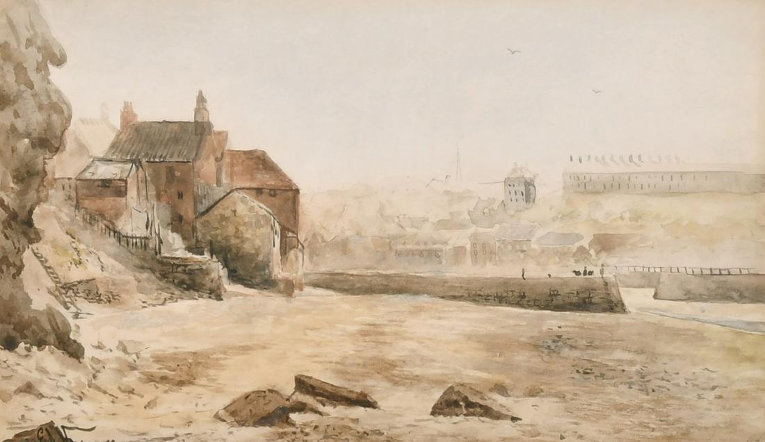 Emile Axel Krause (1871-1945) British, a scene of a: Emile Axel Krause (1871-1945) British, a scene of a harbour entrance, with a town beyond, watercolour, signed 5.25" x 8.5".