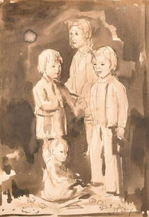 Ambrose McEvoy, A.R.A (1877-1927) British, Study of a: Ambrose McEvoy, A.R.A (1877-1927) British, Study of a group of children (in the Manner of Augustus John), sepia inks with wash, signed l.r. 'McEvoy', 12" x 9".