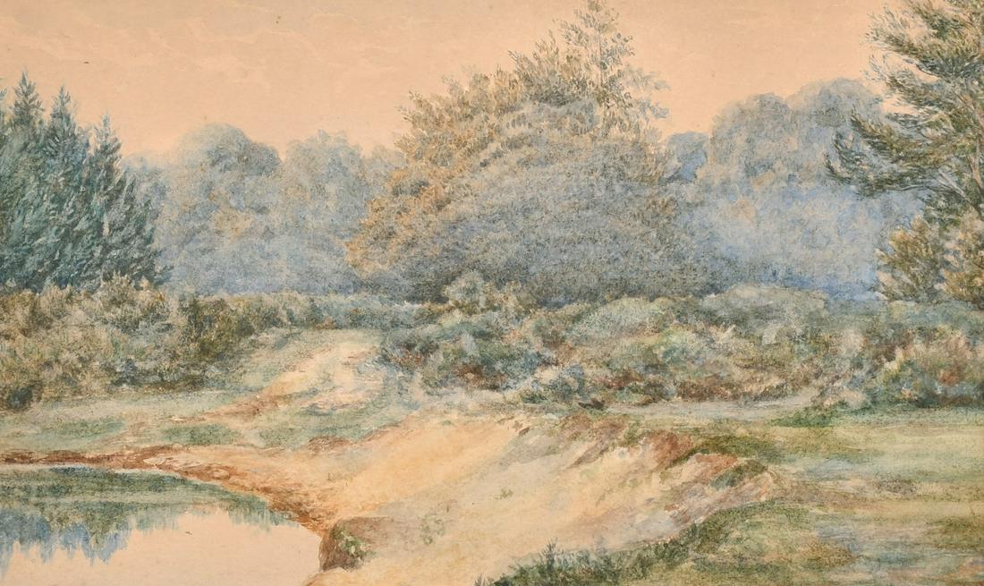 Circle of R W Fraser, A woodland scene with a pond,: Circle of R W Fraser, A woodland scene with a pond, watercolour, 13" x 8", (unframed).