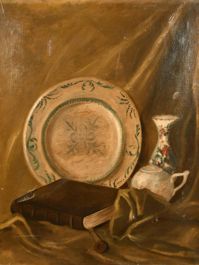 Follower of William Nicholson, a still life with china: Follower of William Nicholson, a still life with china and a book, oil on canvas, 29" x 24", unframed.
