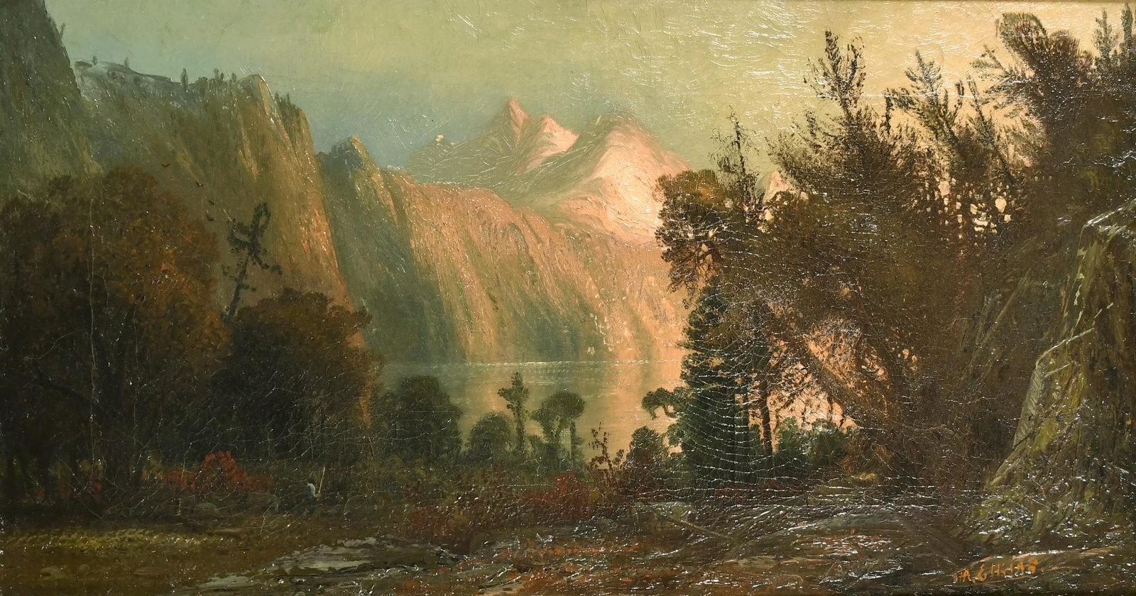 Henry Arthur Elkins (1847-1884) American, A mountainous: Henry Arthur Elkins (1847-1884) American, A mountainous lake scene believed to be Yosemite, oil on canvas, 14" x 27".
