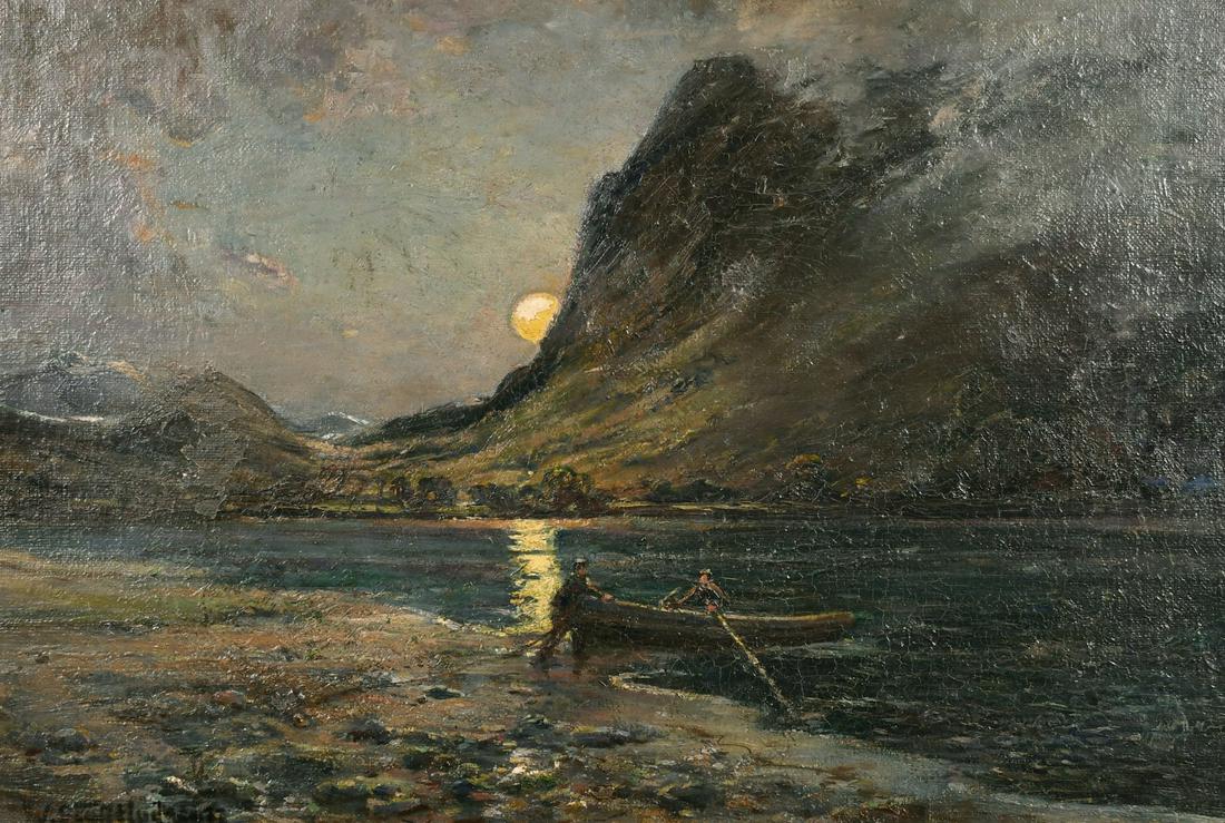 W. Scott Hudson (19th/20th century) British, figures: W. Scott Hudson (19th/20th century) British, figures launching a rowing boat on a mountain lake, under moonlight, oil on canvas, signed, 19" x 28".