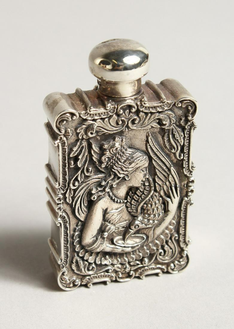A ST. ANDREWS SOLID SILVER AND ENAMEL LEDA AND SWAN: A ST. ANDREWS SOLID SILVER AND ENAMEL LEDA AND SWAN PERFUME PERFUME BOTTLE 2.5ins long