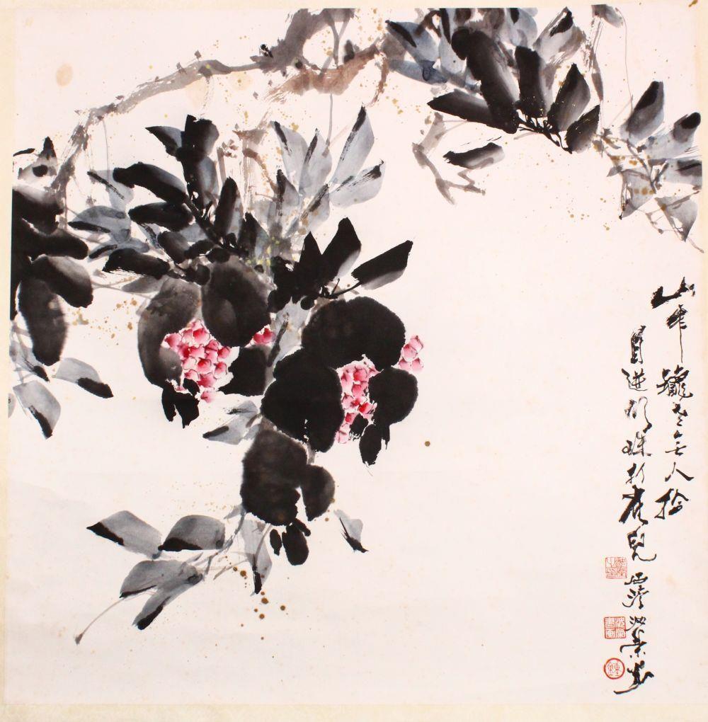 A CHINESE SCROLL PAINTING OF A DISPLAY OF FLORA, the (1 of 4)