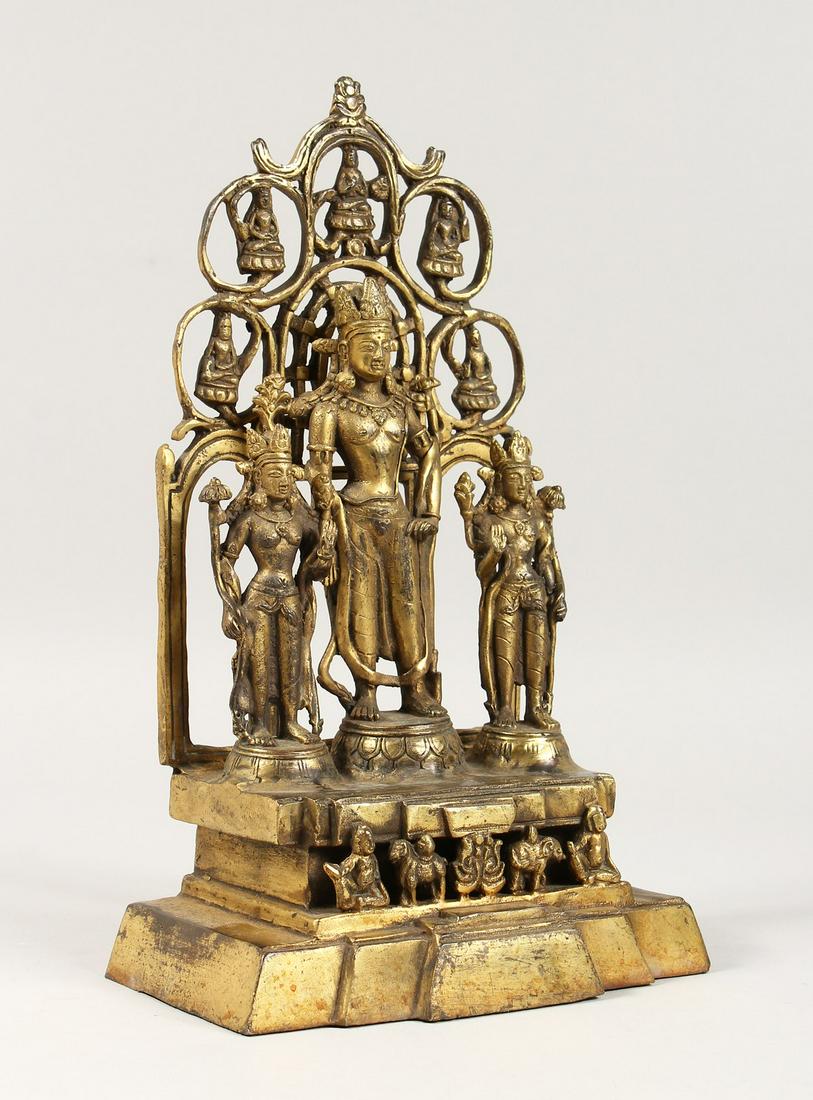 A GOOD BRASS TRIPLE GOD FIGURE, 11ins high. (1 of 7)
