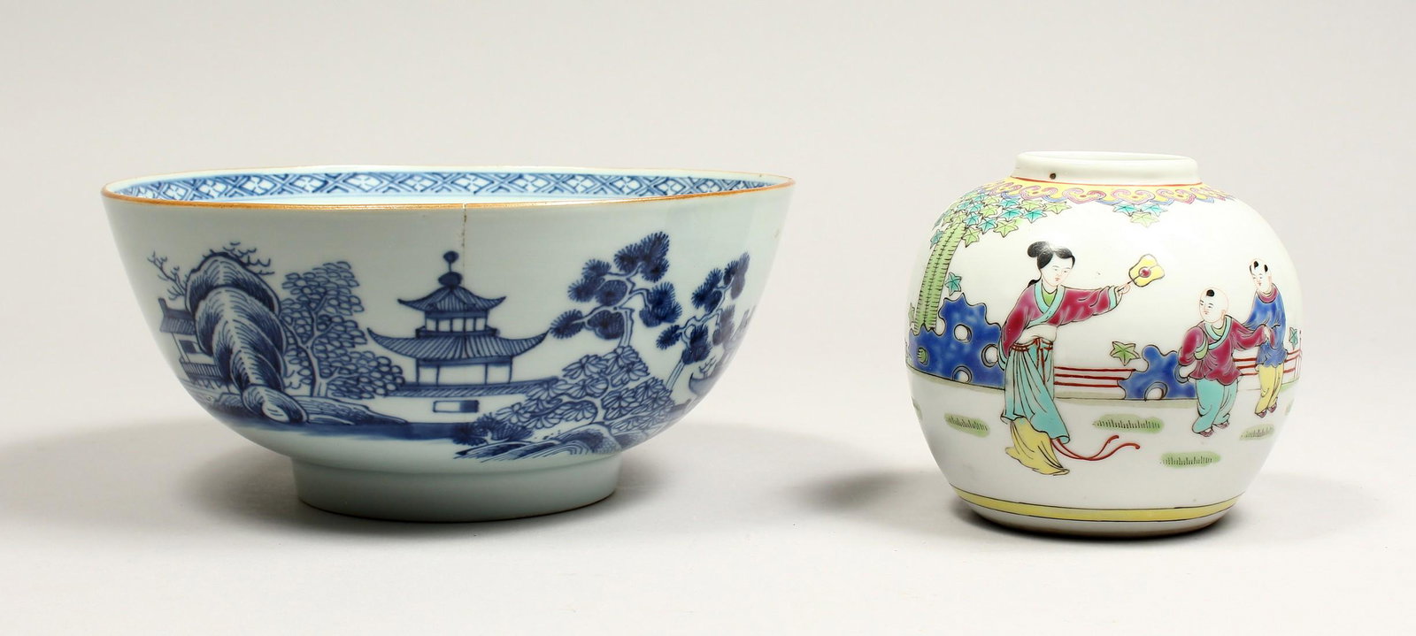 A CHINESE BLUE AND WHITE CIRCULAR BOWL, 8ins, and a: A CHINESE BLUE AND WHITE CIRCULAR BOWL, 8ins, and a ginger jar (2).