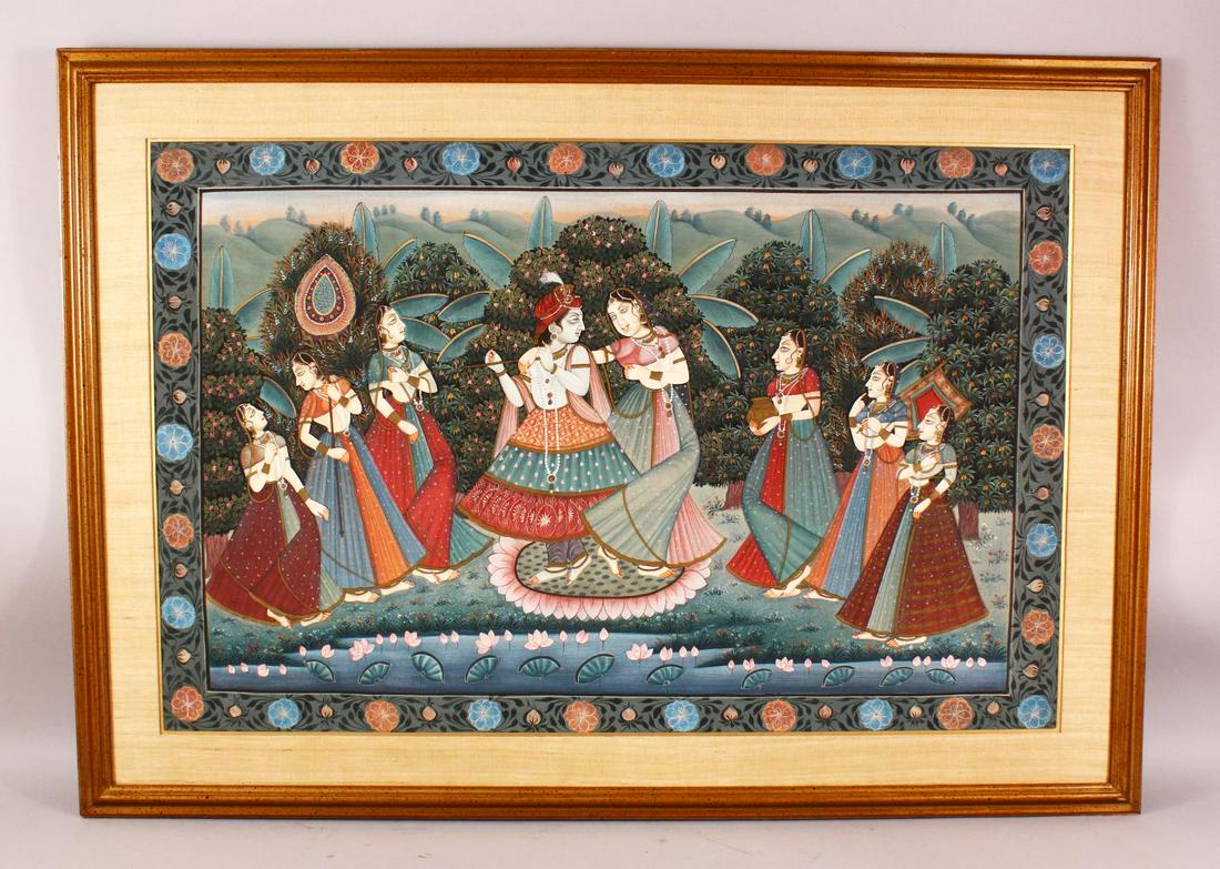 A LARGE INDIAN PAINTING ON SILK, PICHIWA, depicting a (1 of 9)