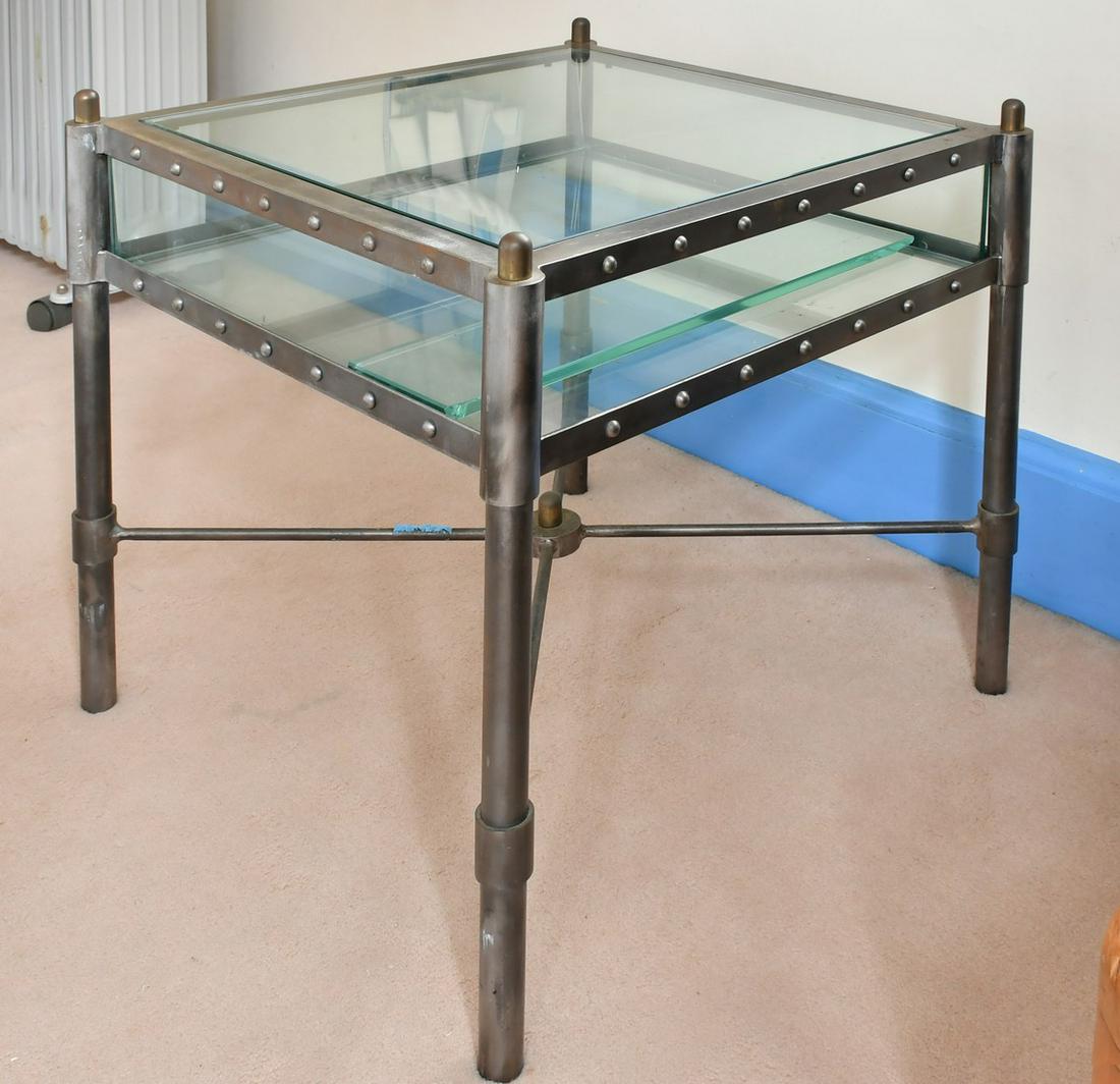 A PAIR OF MODERN GLASS-TOPPED SQUARE TWO-TIER TABLES. (1 of 1)