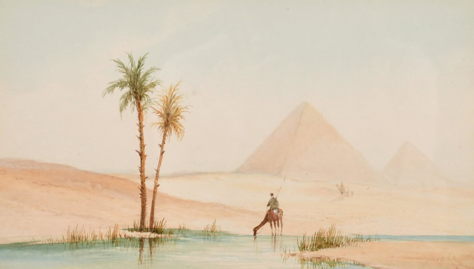 A pair of 19th century watercolours of Egyptian scenes: A pair of 19th century watercolours of Egyptian scenes with figures and camels before pyramids, watercolour, indistinctly signed, 6.5" x 11.5".