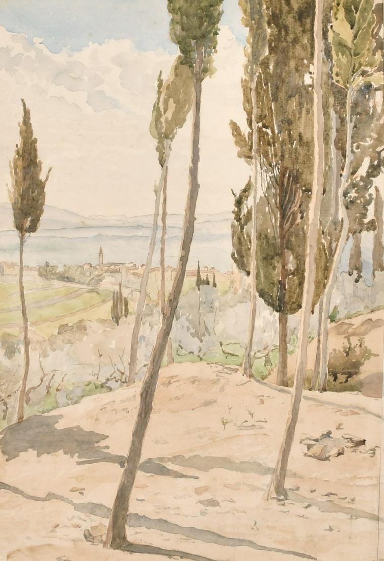 Follower of Edward Lear, A landscape of a Cyprian town: Follower of Edward Lear, A landscape of a Cyprian town on the horizon with trees in the foreground, watercolour, 14" x 9.5".