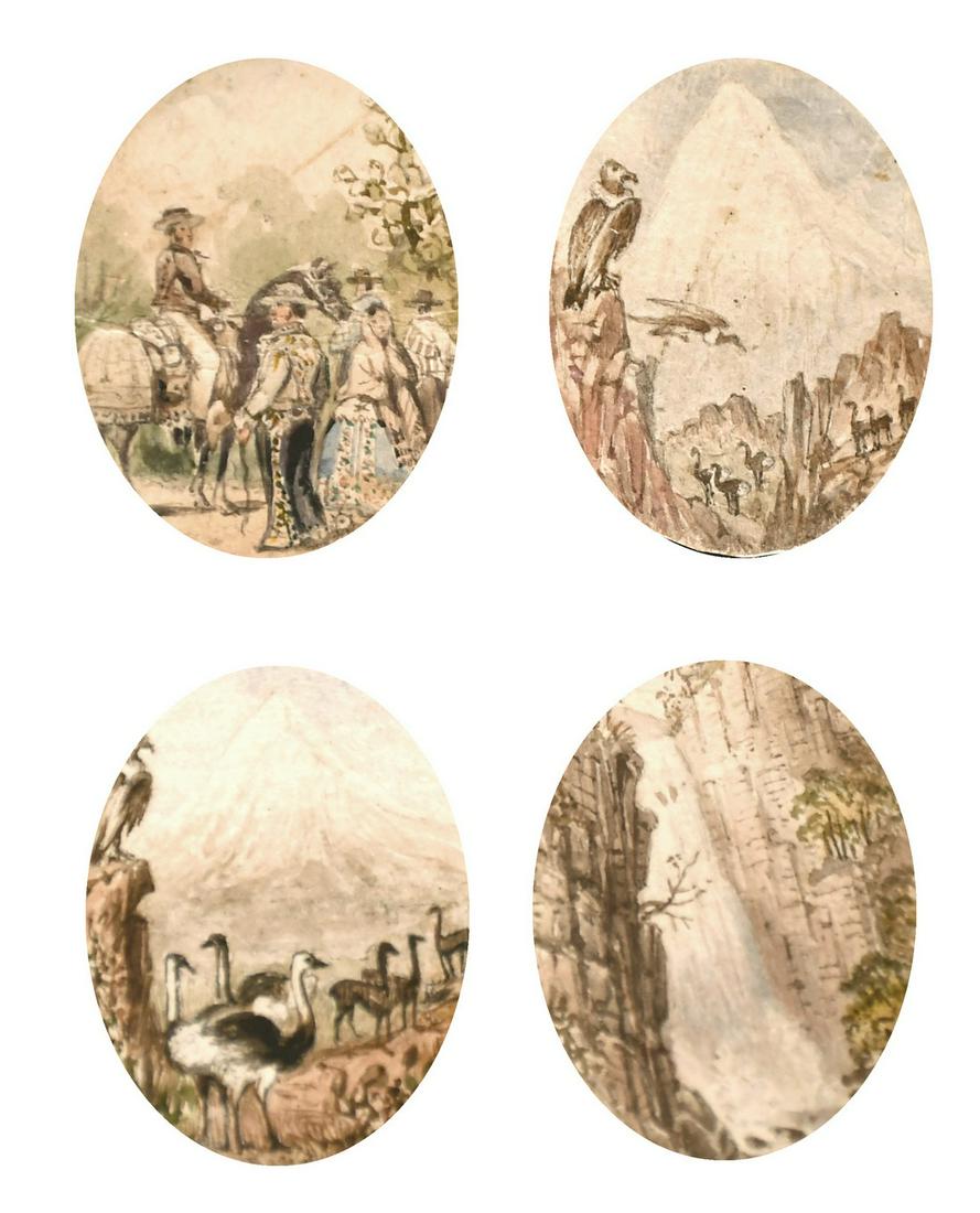 Circle of Alexander Von Humboldt, A set of four: Circle of Alexander Von Humboldt, A set of four watercolours of South American scenes including a mountainous landscape with native animals including a Condor, Rhea and Llama, watercolour, each 1.5" x