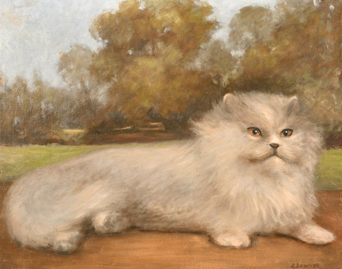 Ruth Bowyer, Persian cat in a landscape, oil on canvas,: Ruth Bowyer, Persian cat in a landscape, oil on canvas, 16" x 20", (unframed).